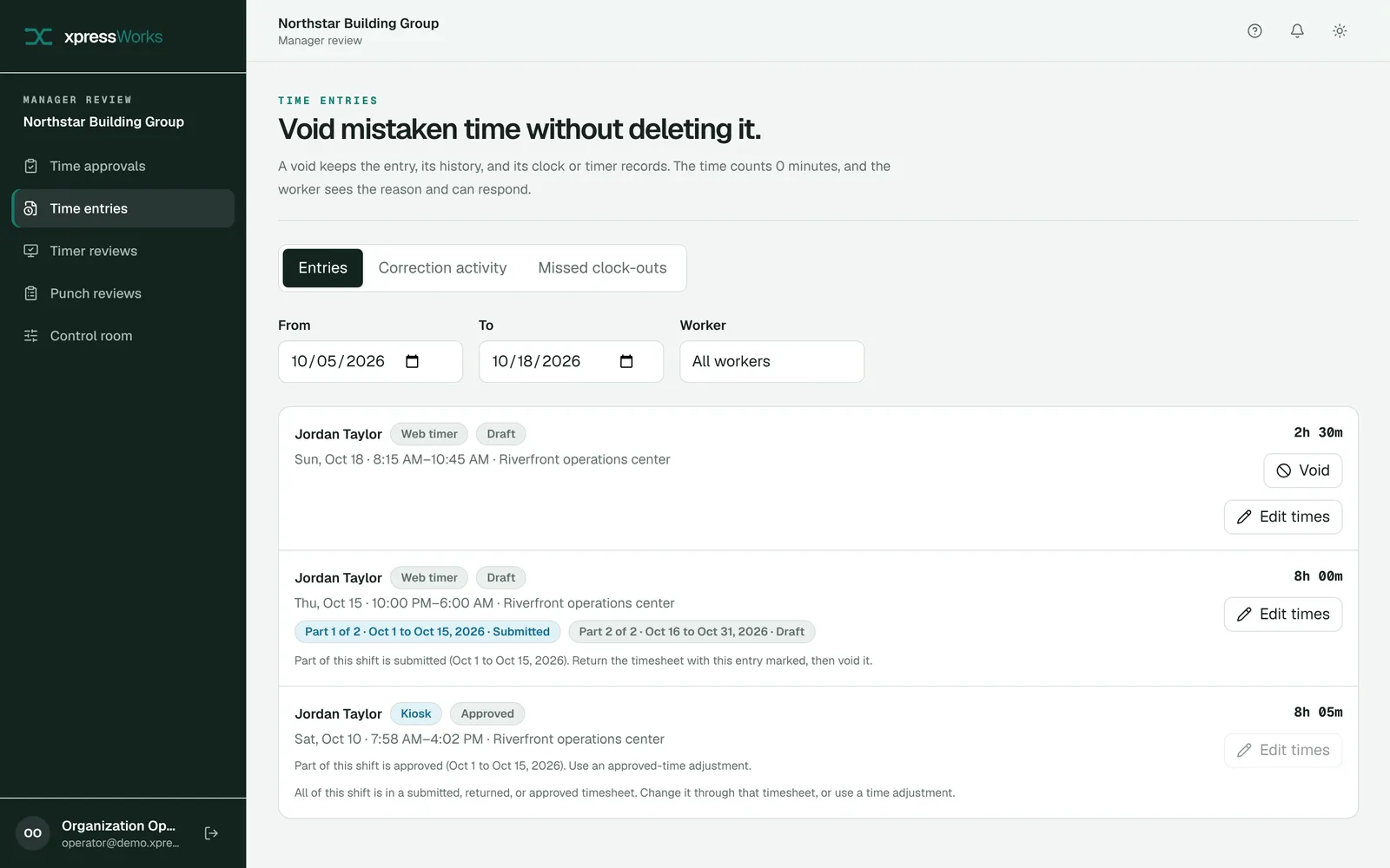 The manager Time entries page with web timer and kiosk entries, and Void and Edit times actions