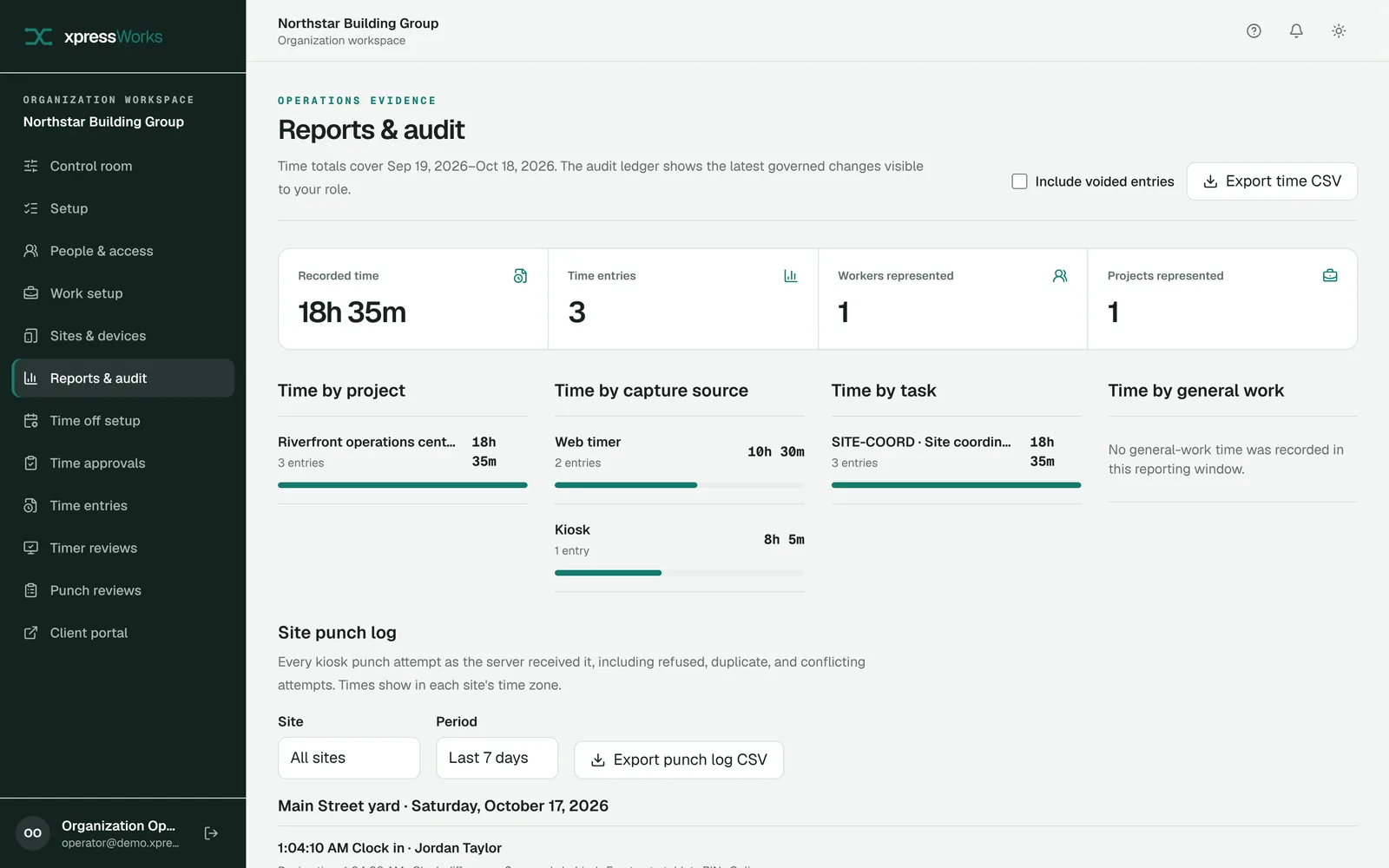 Reports and audit, showing recorded time by project, capture source, and task, with CSV exports