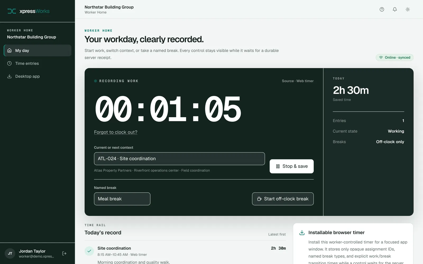 Worker Home in xpressWorks with a running web timer, the current project, a named break control, and today's saved time