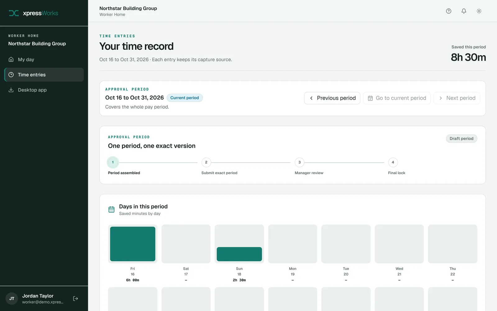 A worker's time record for the current pay period, with saved hours by day and the approval steps